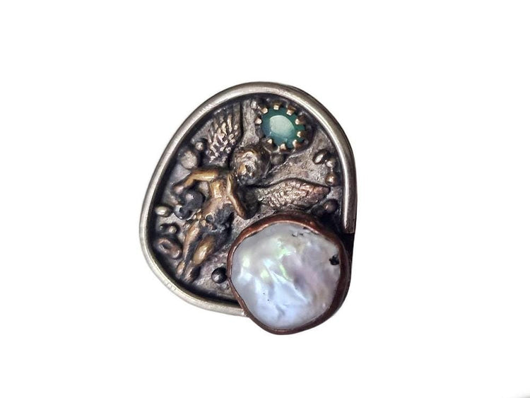 One of a Kind Angel Ring, Pearl Agate Statement Ring, Handmade Christian Jewelry, Guardian Angel Ring, Adjustable Boho Gift for Her