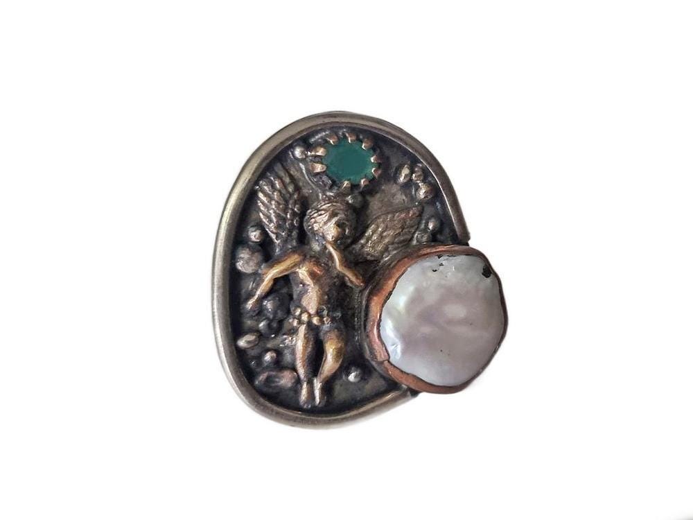 One of a Kind Angel Ring, Pearl Agate Statement Ring, Handmade Christian Jewelry, Guardian Angel Ring, Adjustable Boho Gift for Her