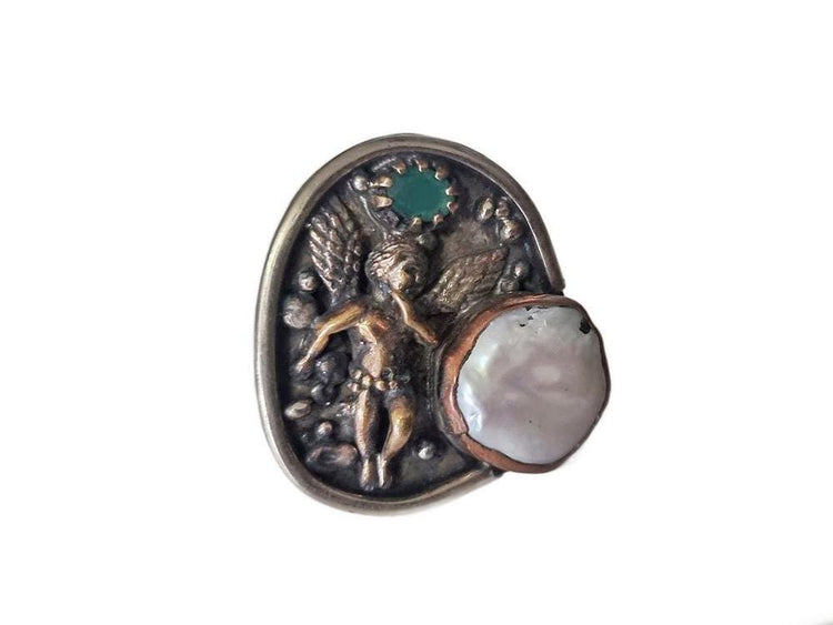 One of a Kind Angel Ring, Pearl Agate Statement Ring, Handmade Christian Jewelry, Guardian Angel Ring, Adjustable Boho Gift for Her