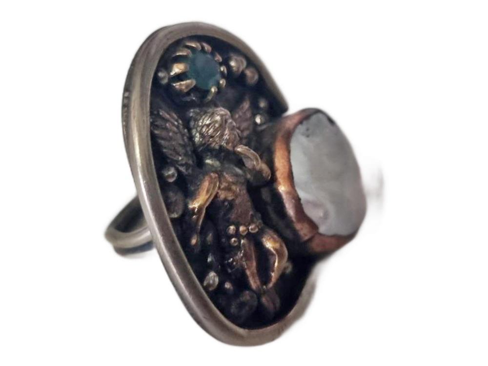 One of a Kind Angel Ring, Pearl Agate Statement Ring, Handmade Christian Jewelry, Guardian Angel Ring, Adjustable Boho Gift for Her