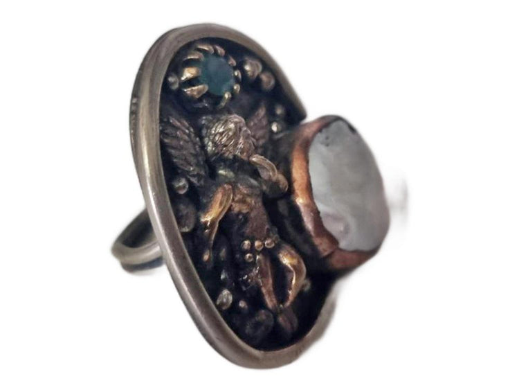 One of a Kind Angel Ring, Pearl Agate Statement Ring, Handmade Christian Jewelry, Guardian Angel Ring, Adjustable Boho Gift for Her