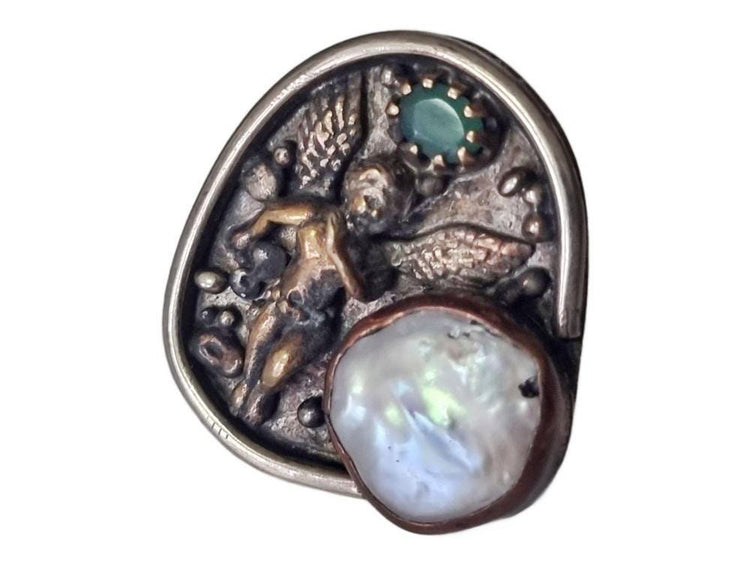 One of a Kind Angel Ring, Pearl Agate Statement Ring, Handmade Christian Jewelry, Guardian Angel Ring, Adjustable Boho Gift for Her
