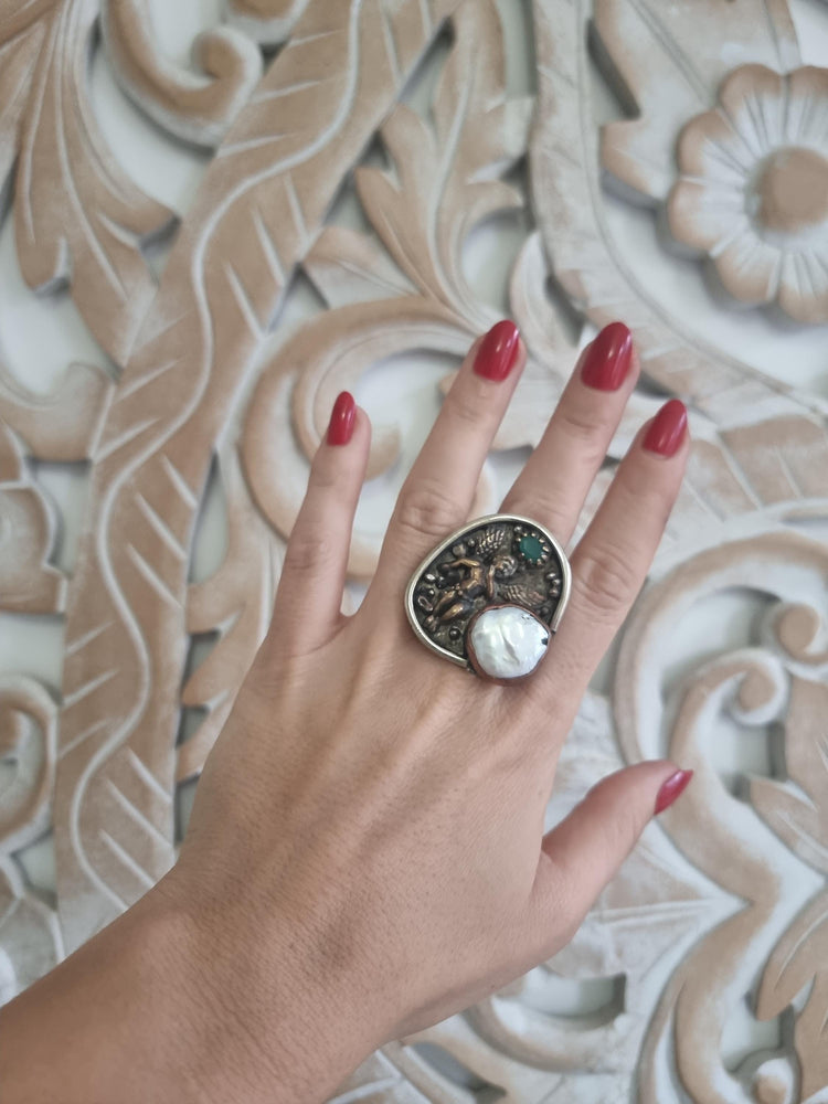 One of a Kind Angel Ring, Pearl Agate Statement Ring, Handmade Christian Jewelry, Guardian Angel Ring, Adjustable Boho Gift for Her