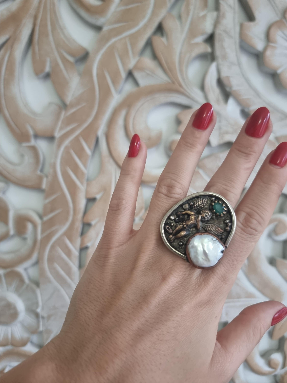 One of a Kind Angel Ring, Pearl Agate Statement Ring, Handmade Christian Jewelry, Guardian Angel Ring, Adjustable Boho Gift for Her