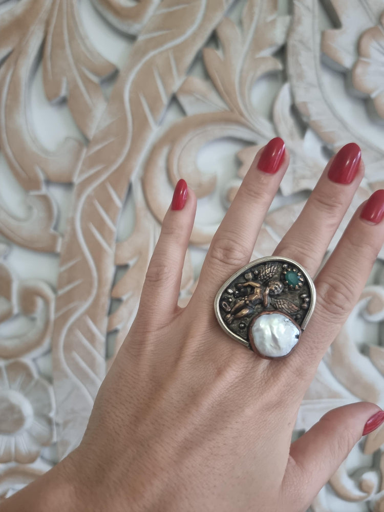 One of a Kind Angel Ring, Pearl Agate Statement Ring, Handmade Christian Jewelry, Guardian Angel Ring, Adjustable Boho Gift for Her