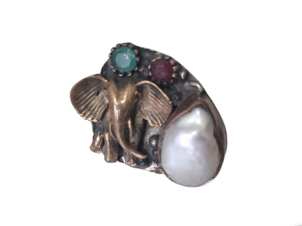 Hammered Brass Elephant Ring: Freshwater Pearl, Agate & Ruby Gemstone