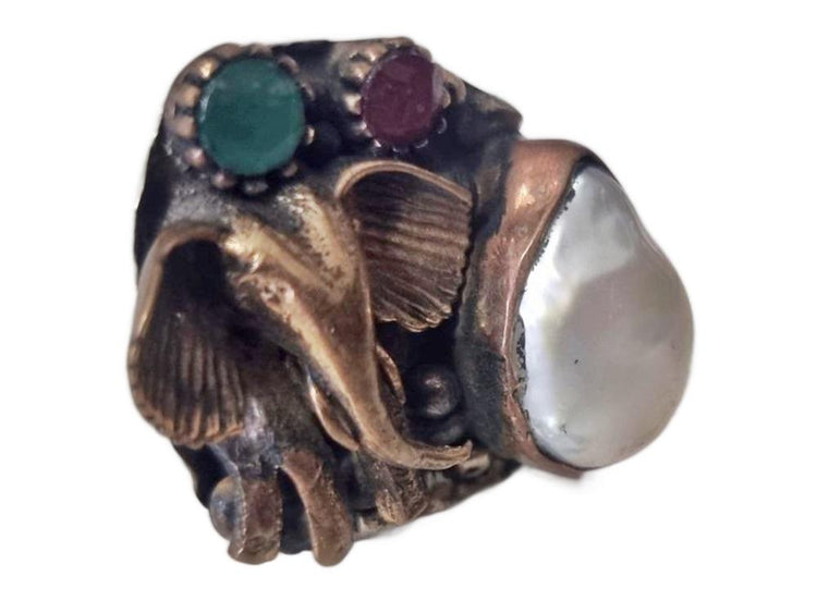 Hammered Brass Elephant Ring: Freshwater Pearl, Agate & Ruby Gemstone