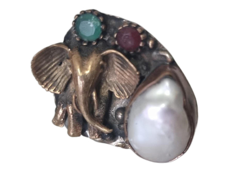 Hammered Brass Elephant Ring: Freshwater Pearl, Agate & Ruby Gemstone