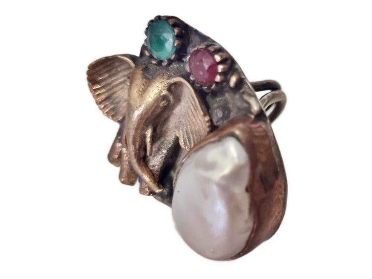 Hammered Brass Elephant Ring: Freshwater Pearl, Agate & Ruby Gemstone
