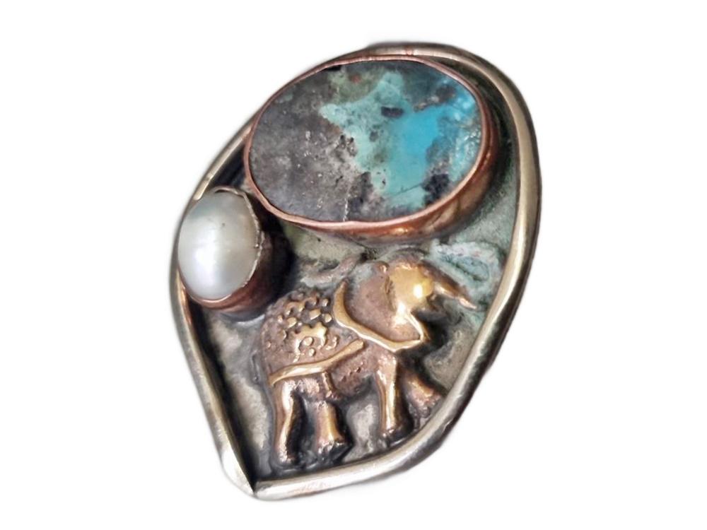 Turquoise Elephant Ring: Hammered Brass, Freshwater Pearl, Adjustable