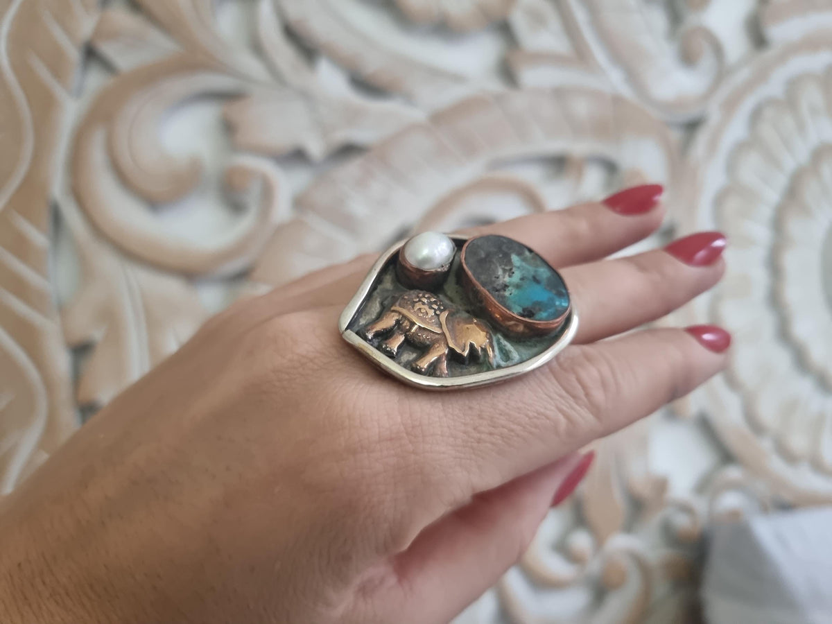 Turquoise Elephant Ring: Hammered Brass, Freshwater Pearl, Adjustable