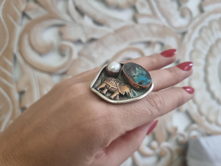 Turquoise Elephant Ring: Hammered Brass, Freshwater Pearl, Adjustable