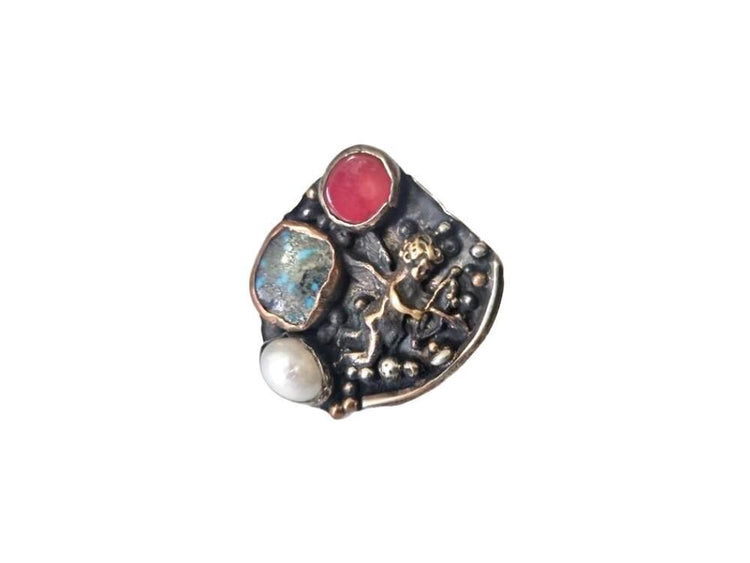 One of a Kind Angel Ring, Adjustable Turquoise Coral Pearl Statement Ring, Handmade Christian Jewelry, Guardian Angel Gift for Her