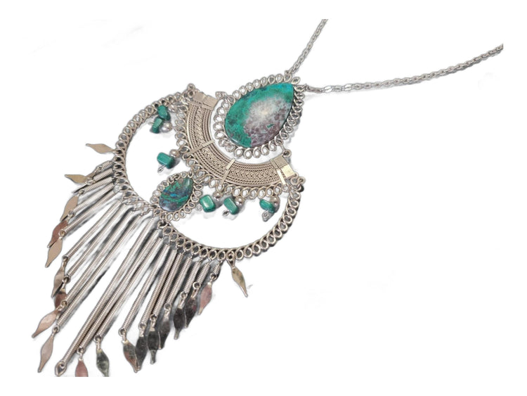 Boho Alpaca Silver Fuchsite Necklace: Large Green Stone Pendant