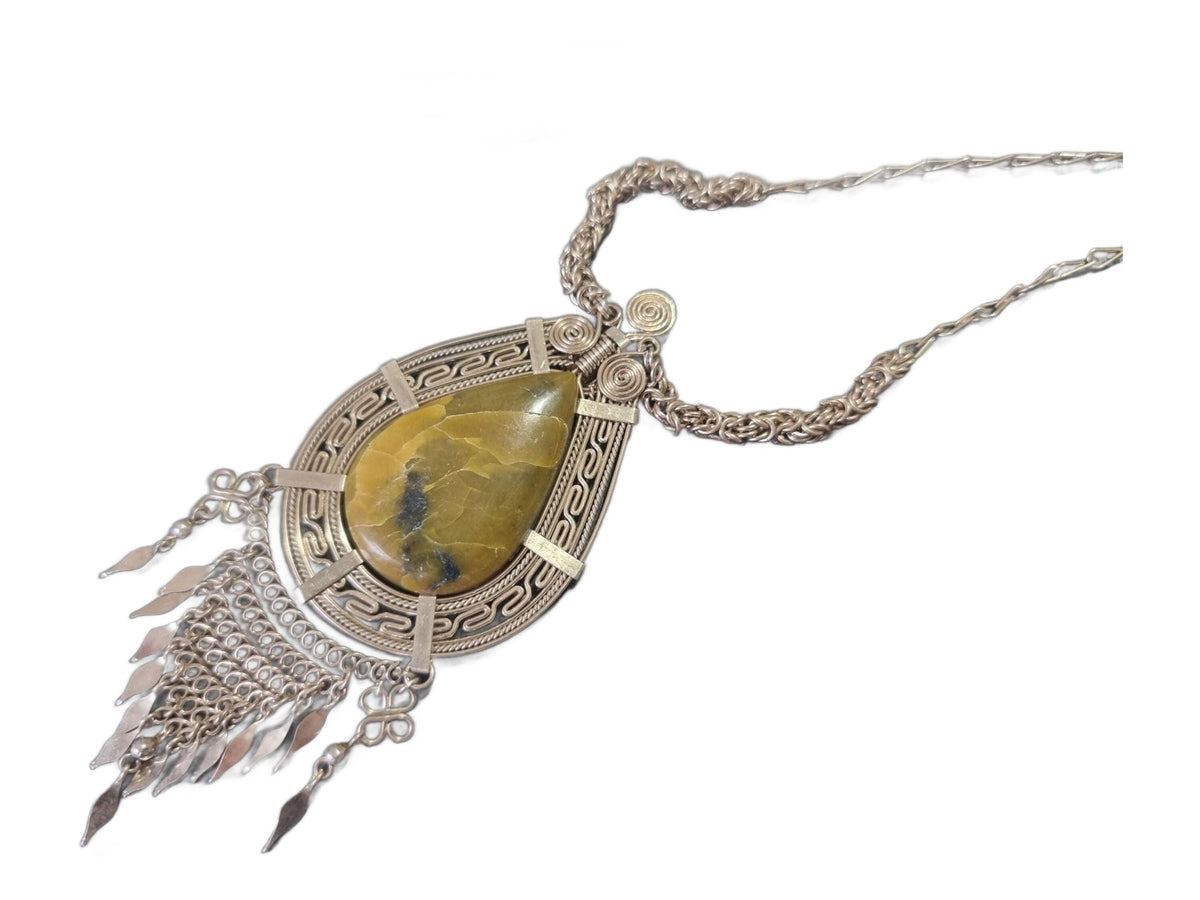 Boho Alpaca Silver Pendant Necklace: Green Peruvian Opal, Native American Style
