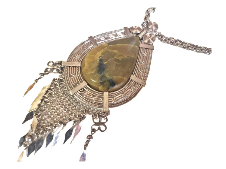 Boho Alpaca Silver Pendant Necklace: Green Peruvian Opal, Native American Style