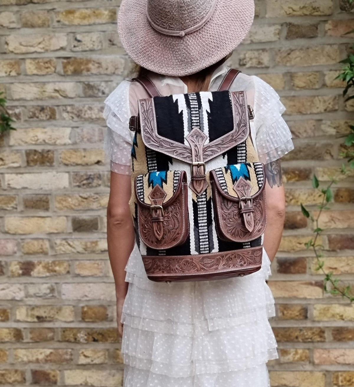 Aztec leather backpack - navajo blanket western bag - tooled leather rucksack for women - large country festival purse