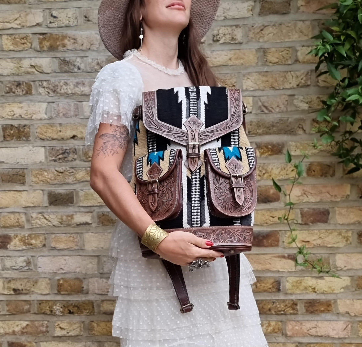 Aztec leather backpack - navajo blanket western bag - tooled leather rucksack for women - large country festival purse