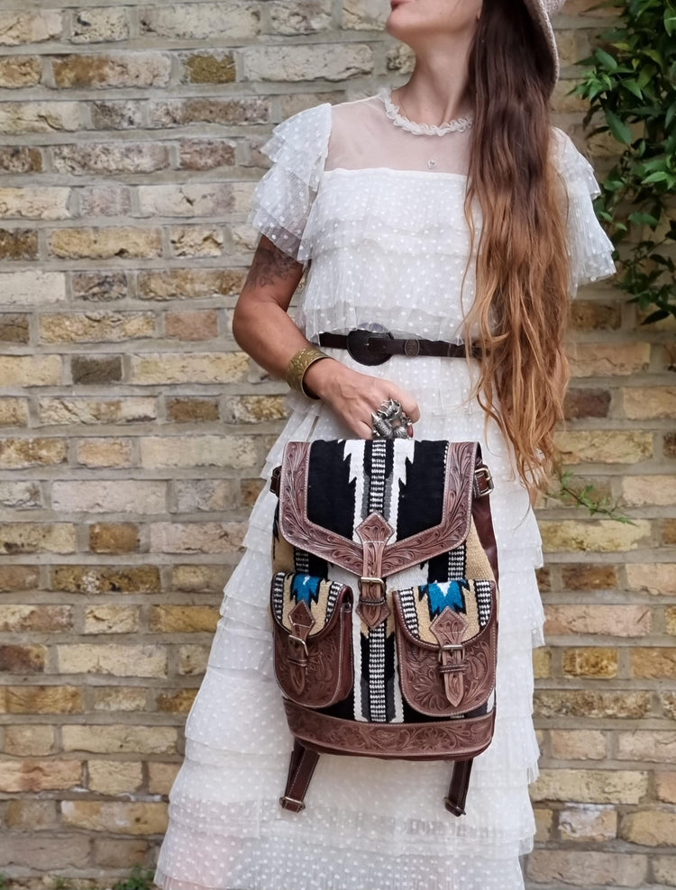 Aztec leather backpack - navajo blanket western bag - tooled leather rucksack for women - large country festival purse