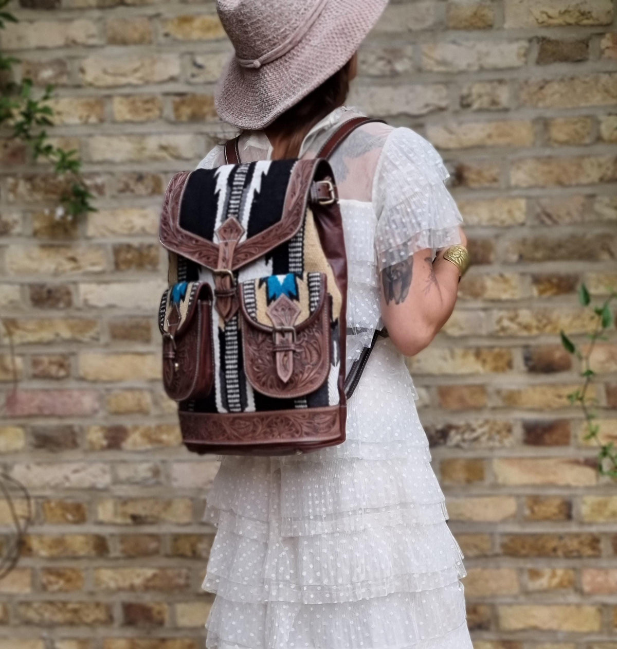 Aztec leather backpack - navajo blanket western bag - tooled leather rucksack for women - large country festival purse