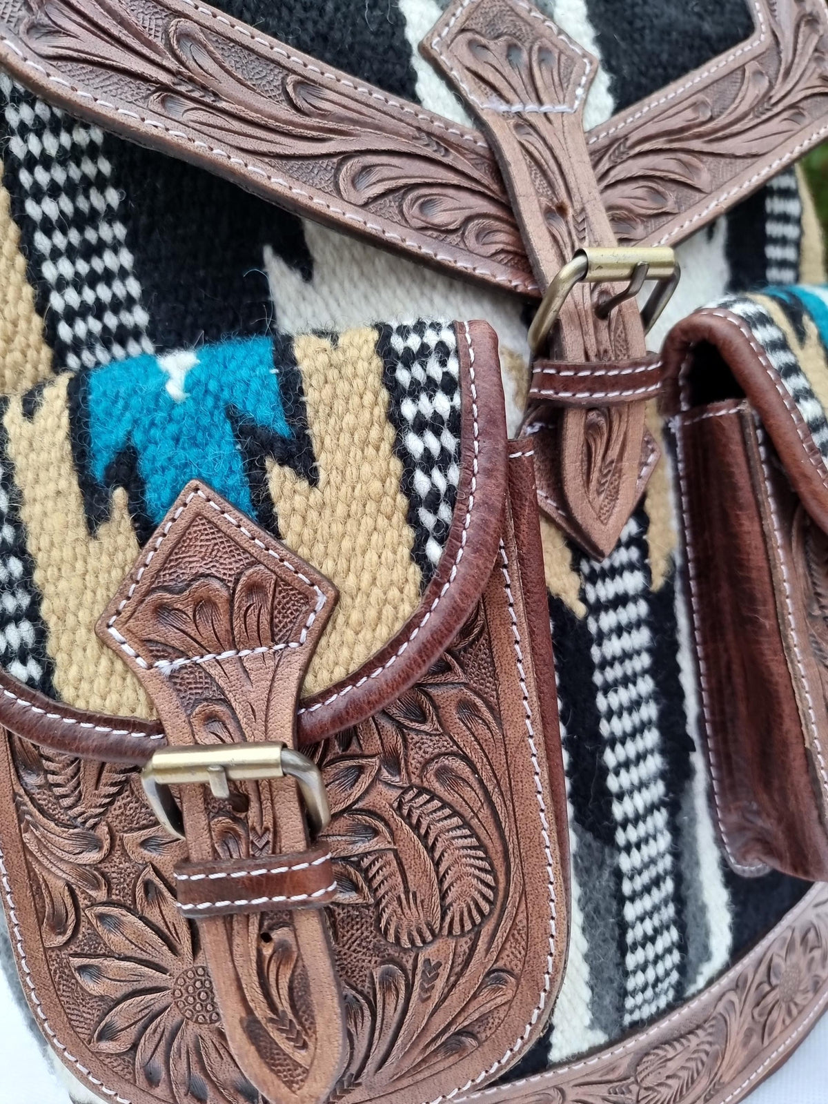Aztec leather backpack - navajo blanket western bag - tooled leather rucksack for women - large country festival purse