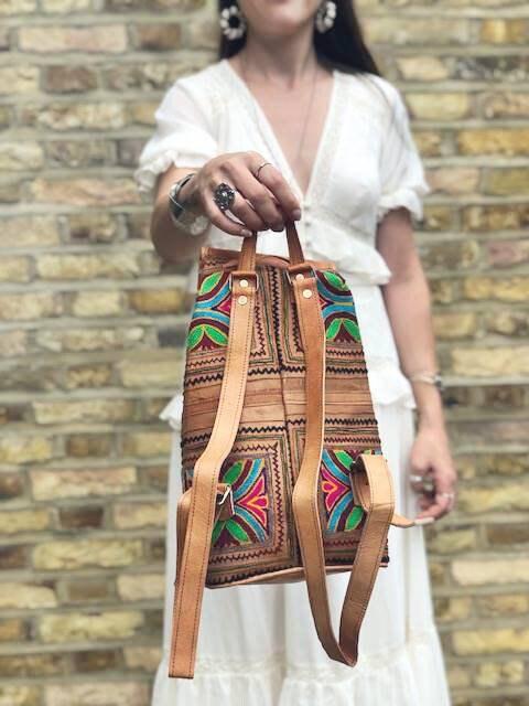 Hand Embroidered Leather Backpack: Boho Hippie Festival Bag