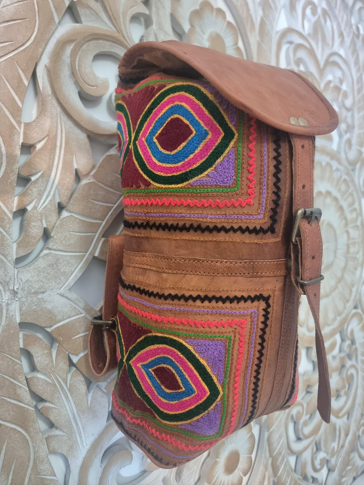 Hand Embroidered Leather Backpack: Boho Hippie Festival Bag