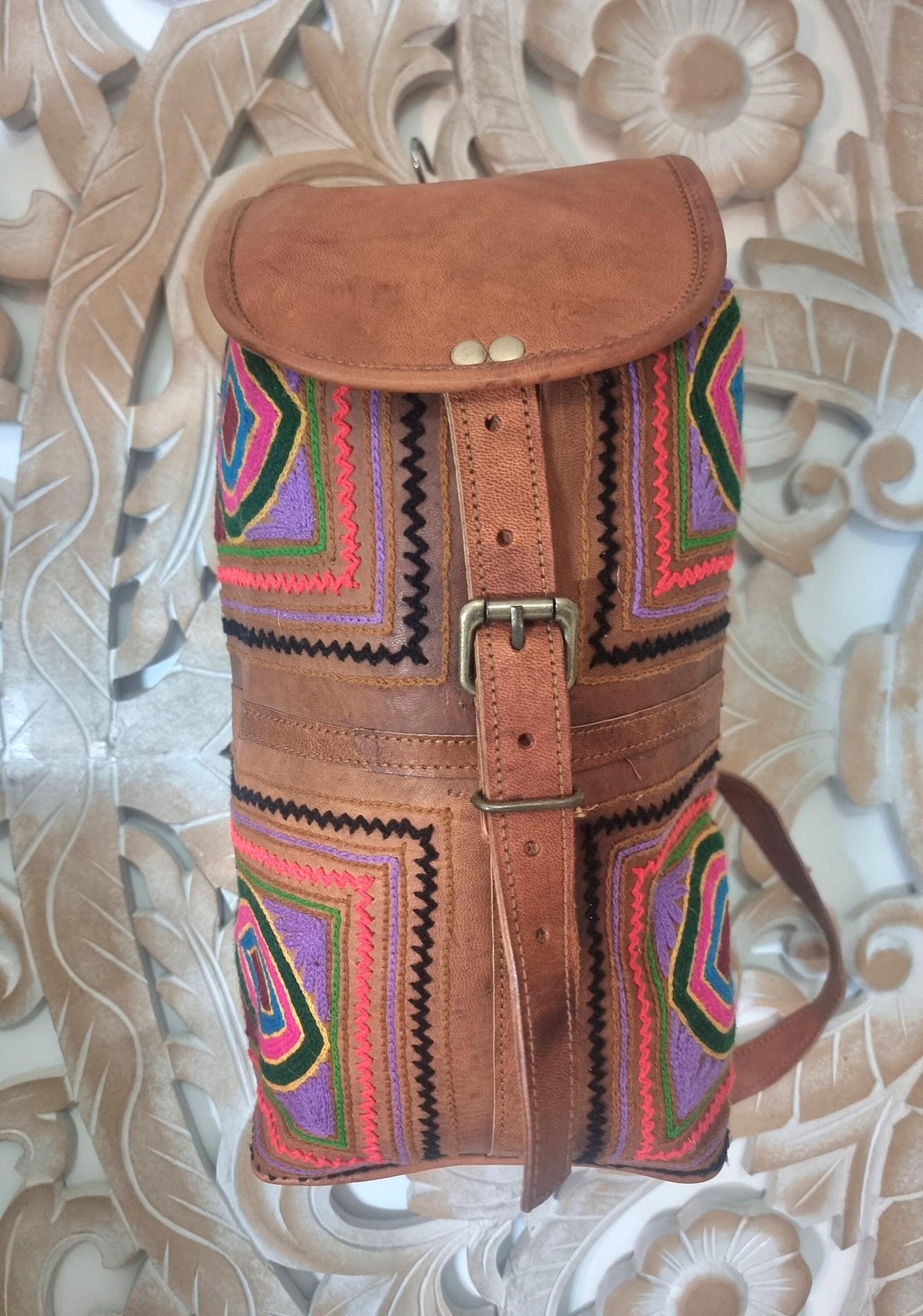 Hand Embroidered Leather Backpack: Boho Hippie Festival Bag