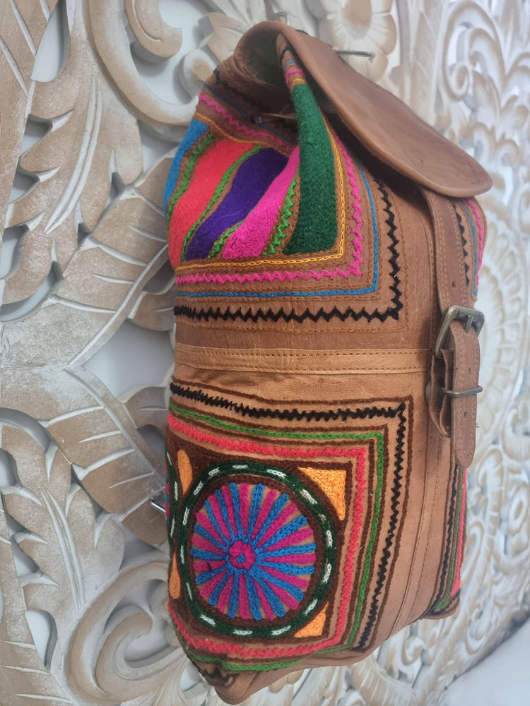 Hand Embroidered Leather Backpack: Boho Hippie Festival Bag