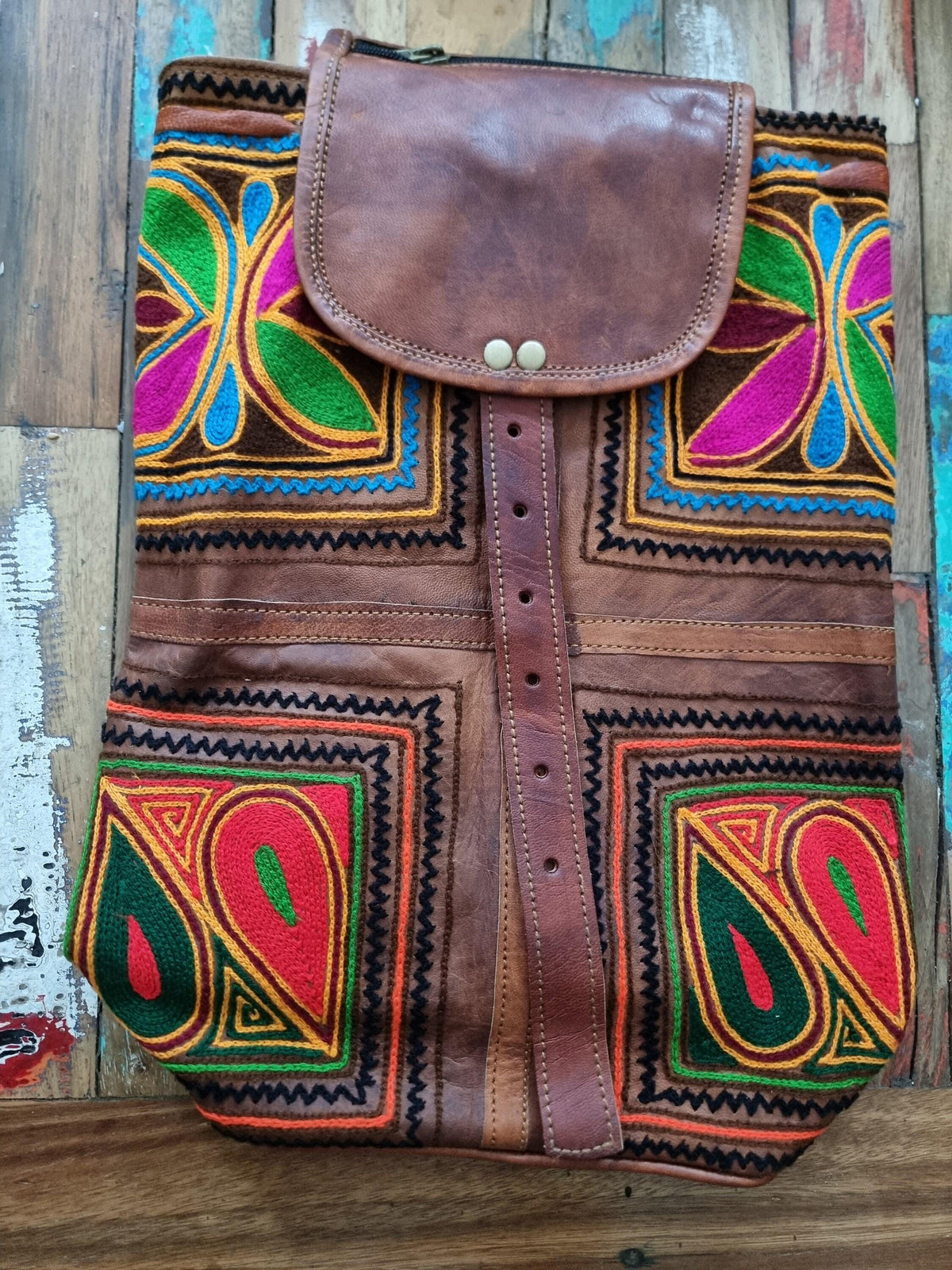 Hand Embroidered Leather Backpack: Boho Hippie Festival Bag
