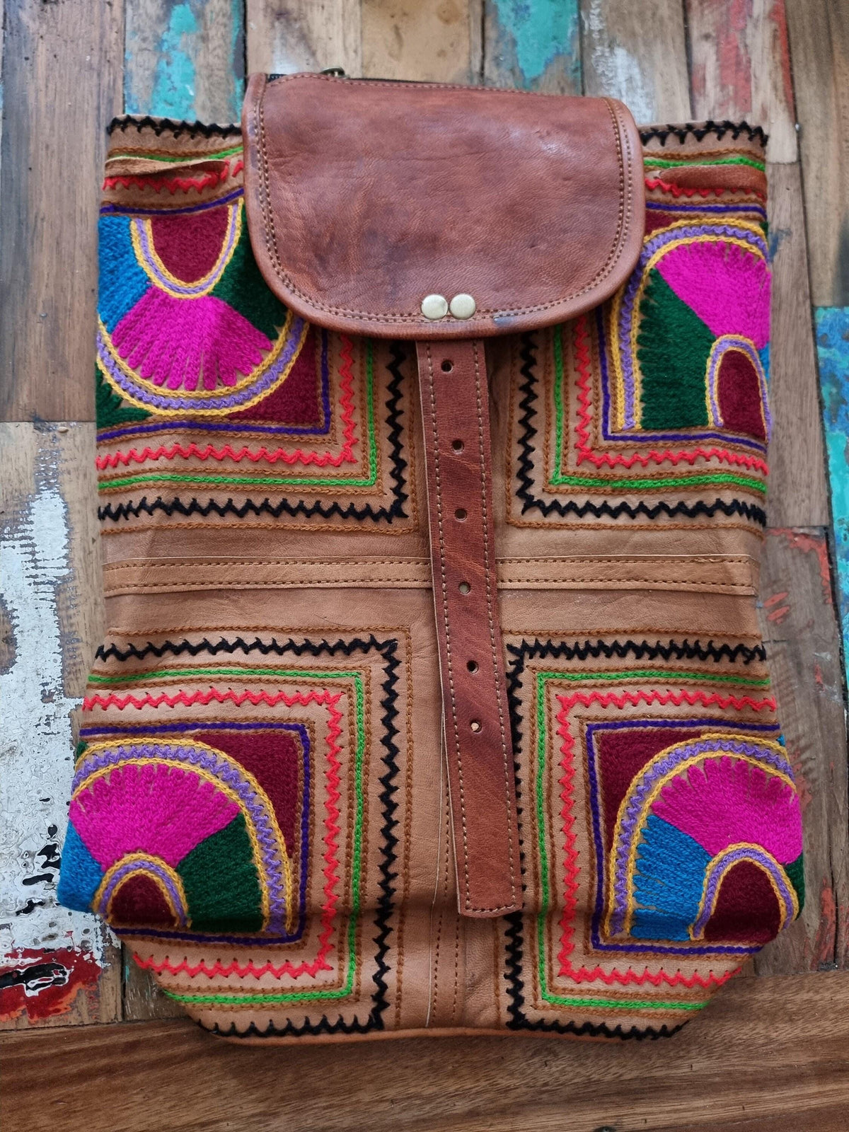 Hand Embroidered Leather Backpack: Boho Hippie Festival Bag