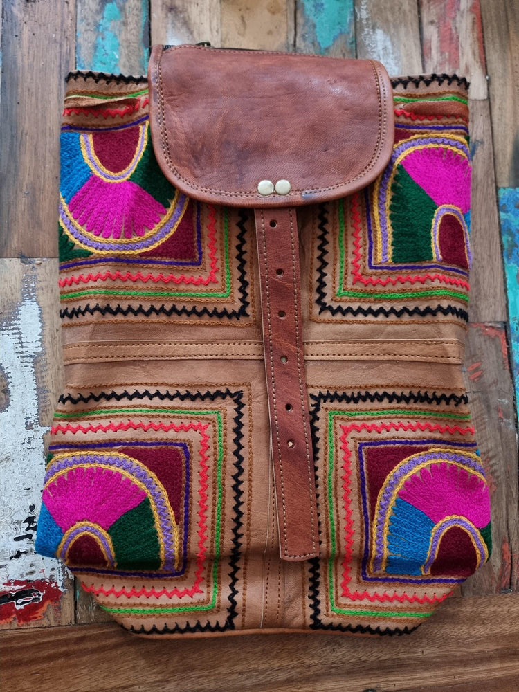 Hand Embroidered Leather Backpack: Boho Hippie Festival Bag