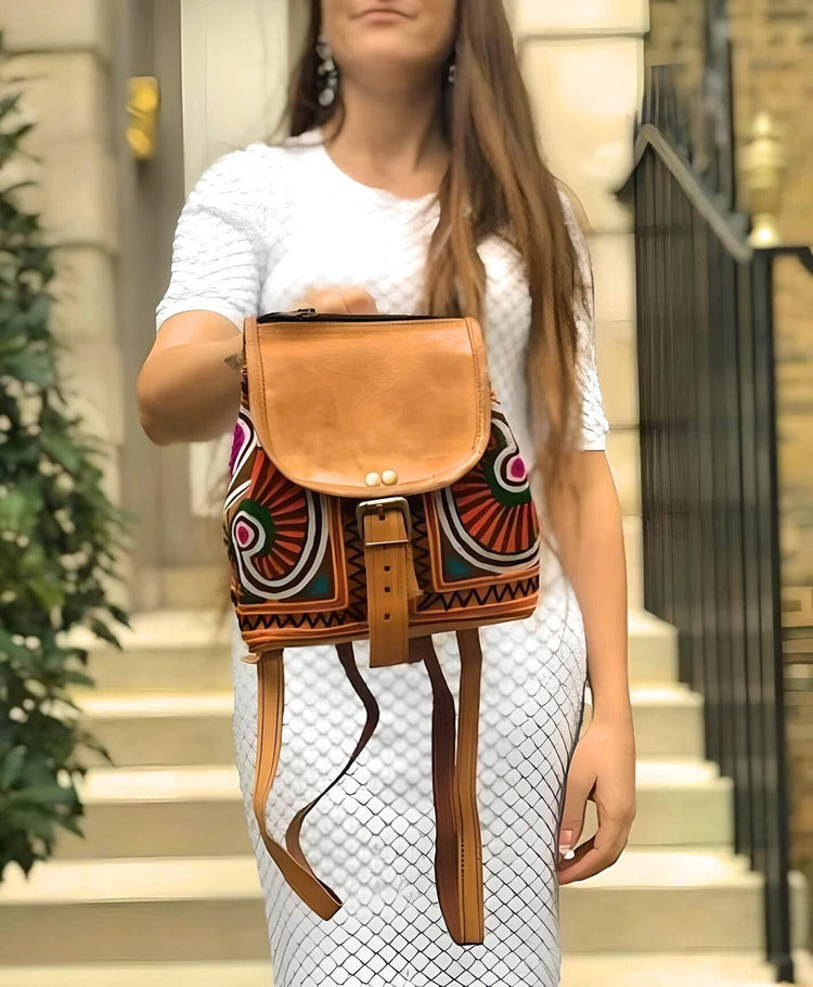 Embroidered Leather Backpack Handmade Mini Boho Backpack Women's Festival Rucksack Moroccan Leather Bag Gift