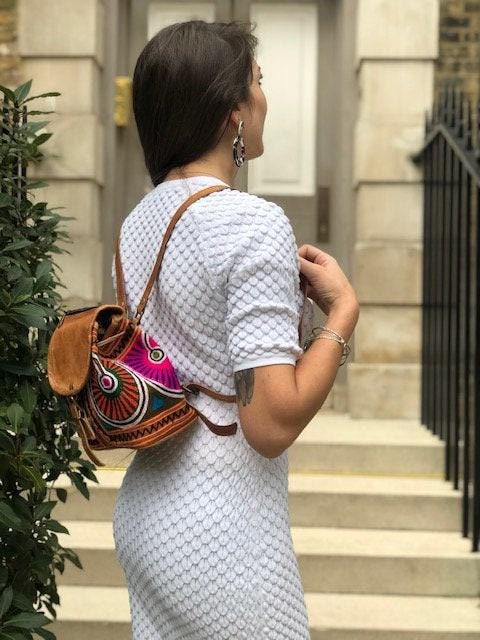 Embroidered Leather Backpack Handmade Mini Boho Backpack Women's Festival Rucksack Moroccan Leather Bag Gift