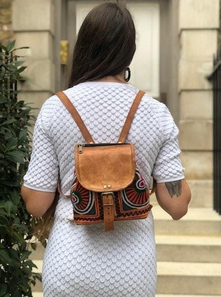 Embroidered Leather Backpack Handmade Mini Boho Backpack Women's Festival Rucksack Moroccan Leather Bag Gift