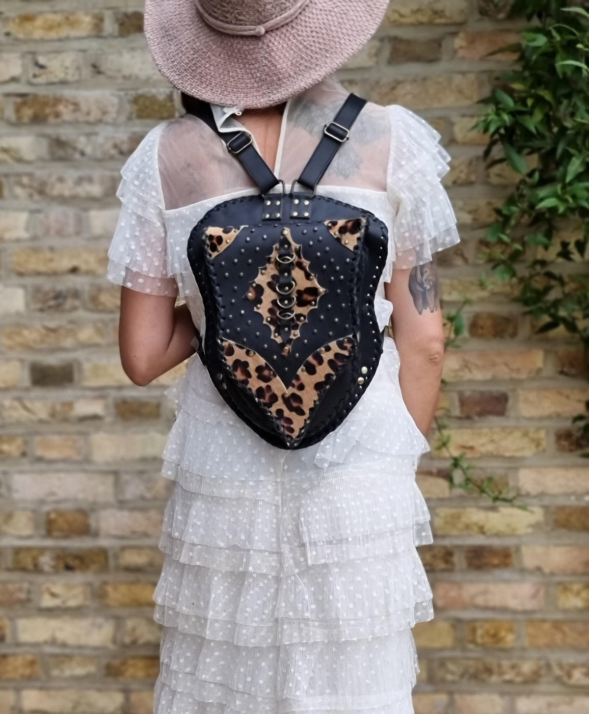 Steampunk Leather Backpack, Black Leather Rucksack, Leopard Hair Backpack, Punk Goth Backpack, 80s Vintage Style Bag, Handmade Unisex