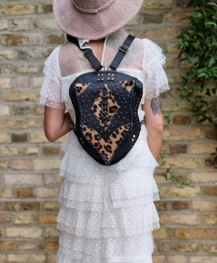 Steampunk Leather Backpack, Black Leather Rucksack, Leopard Hair Backpack, Punk Goth Backpack, 80s Vintage Style Bag, Handmade Unisex