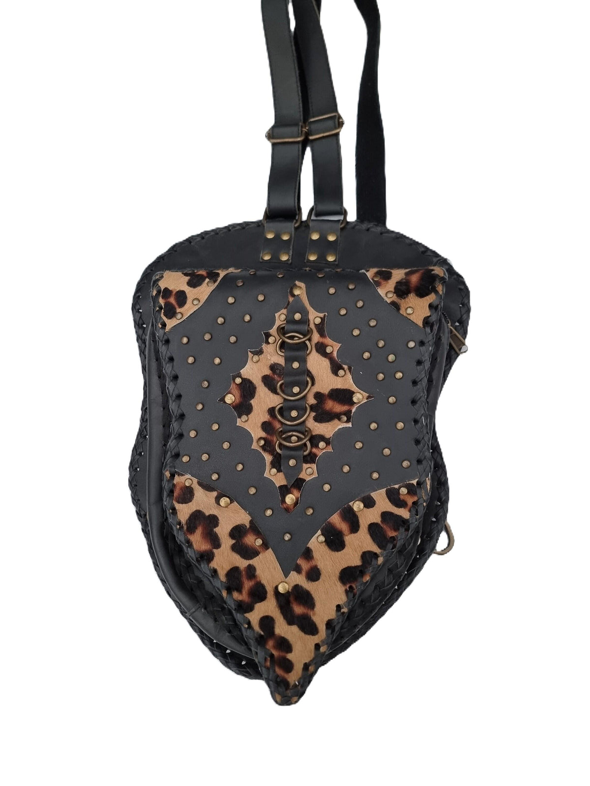 Steampunk Leather Backpack, Black Leather Rucksack, Leopard Hair Backpack, Punk Goth Backpack, 80s Vintage Style Bag, Handmade Unisex