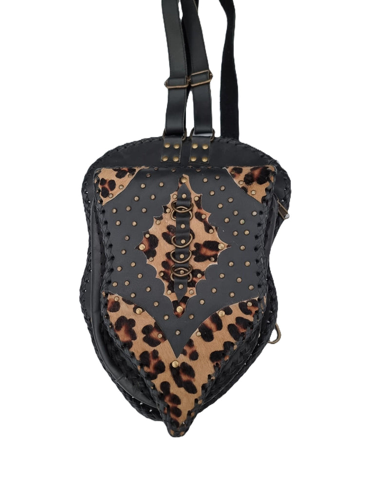 Steampunk Leather Backpack, Black Leather Rucksack, Leopard Hair Backpack, Punk Goth Backpack, 80s Vintage Style Bag, Handmade Unisex