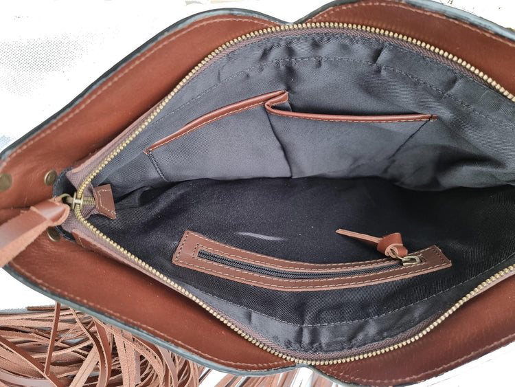 Tooled Leather Fringe Crossbody Bag: Boho Western Purse with Turquoise