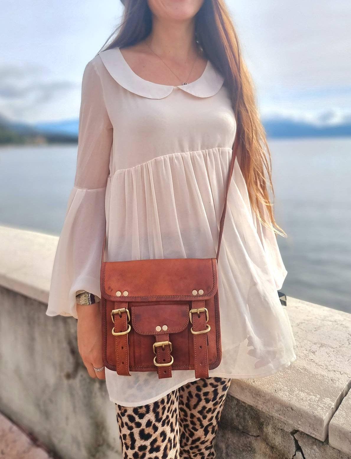 Small Leather Crossbody Bag: Vintage 70s Boho Satchel