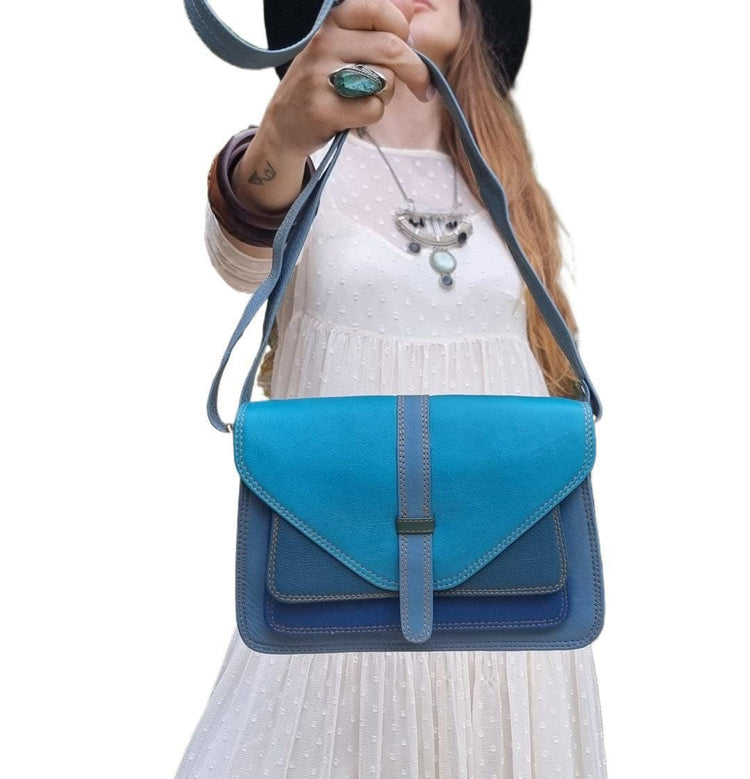 Blue Patchwork Leather Bag, Upcycled Leather Crossbody Purse, Boho Saddle Bag, Colour Block Shoulder Bag, Handmade Leather Handbag