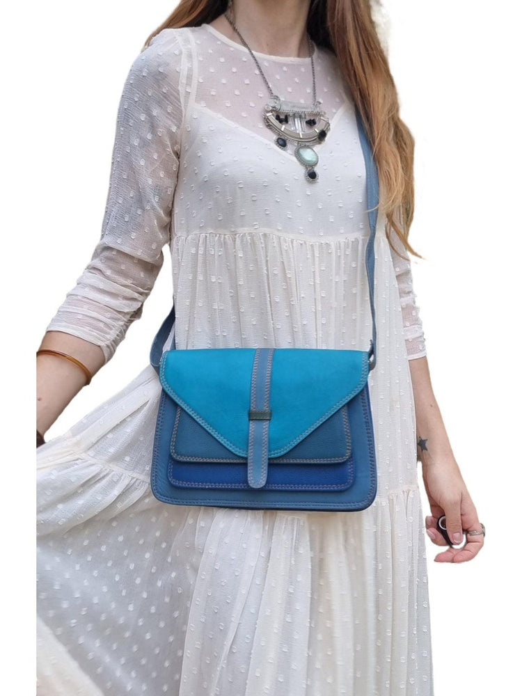 Blue Patchwork Leather Bag, Upcycled Leather Crossbody Purse, Boho Saddle Bag, Colour Block Shoulder Bag, Handmade Leather Handbag