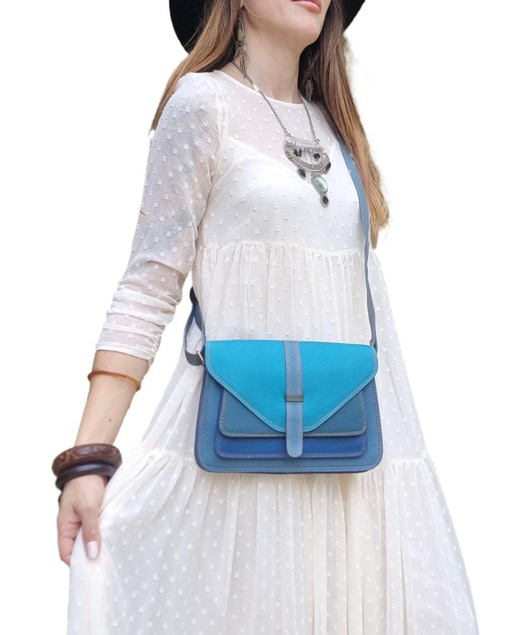 Blue Patchwork Leather Bag, Upcycled Leather Crossbody Purse, Boho Saddle Bag, Colour Block Shoulder Bag, Handmade Leather Handbag