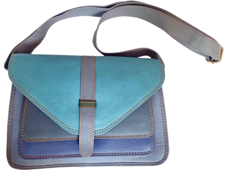Blue Patchwork Leather Bag, Upcycled Leather Crossbody Purse, Boho Saddle Bag, Colour Block Shoulder Bag, Handmade Leather Handbag