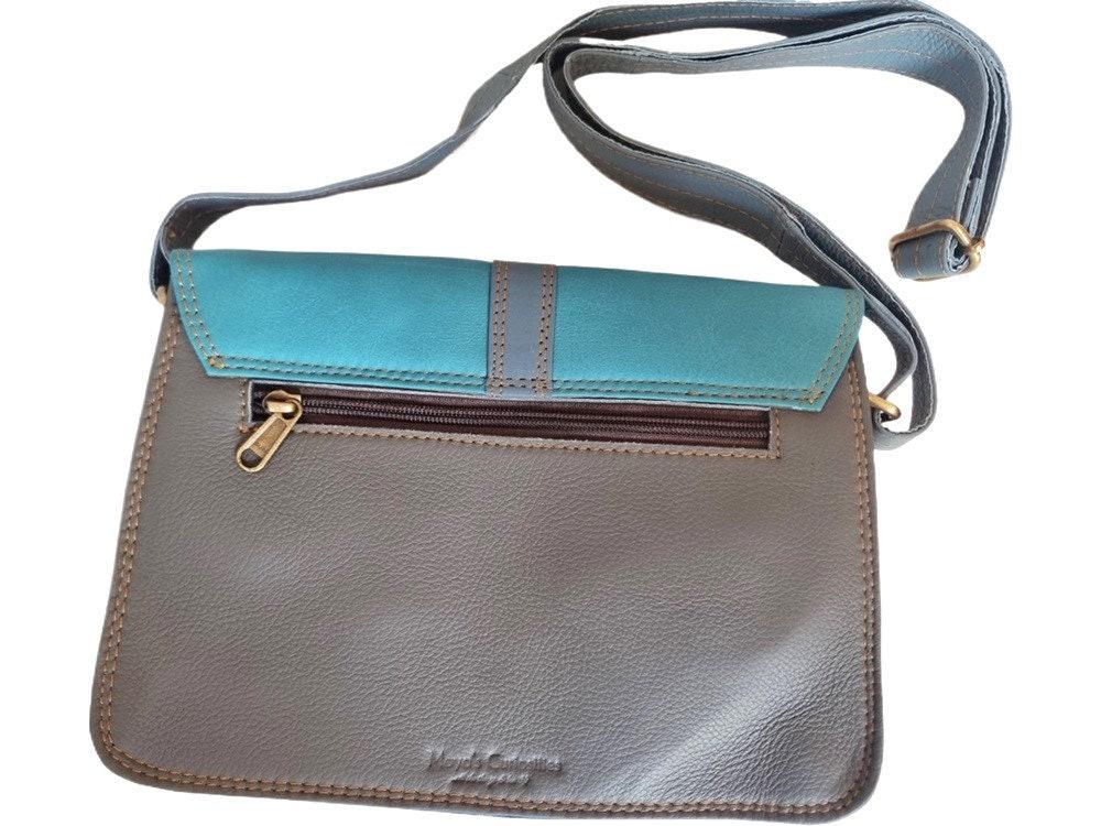 Blue Patchwork Leather Bag, Upcycled Leather Crossbody Purse, Boho Saddle Bag, Colour Block Shoulder Bag, Handmade Leather Handbag