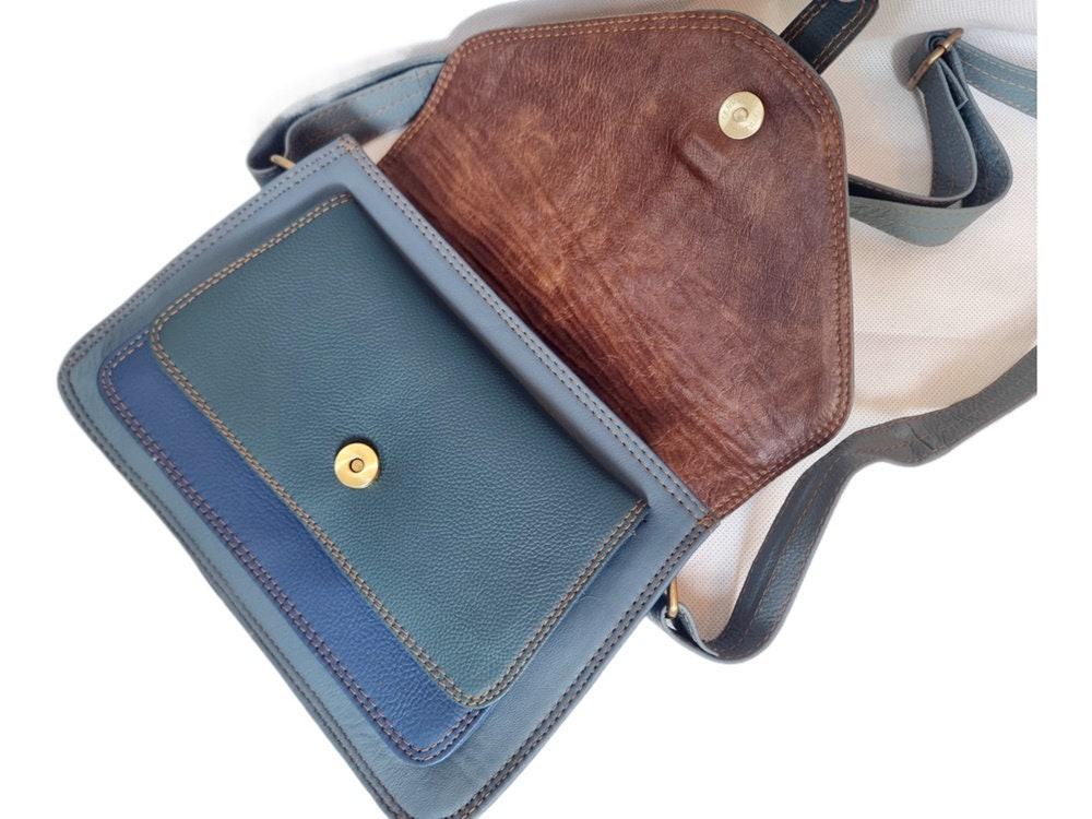 Blue Patchwork Leather Bag, Upcycled Leather Crossbody Purse, Boho Saddle Bag, Colour Block Shoulder Bag, Handmade Leather Handbag