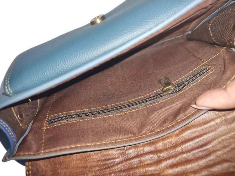 Blue Patchwork Leather Bag, Upcycled Leather Crossbody Purse, Boho Saddle Bag, Colour Block Shoulder Bag, Handmade Leather Handbag