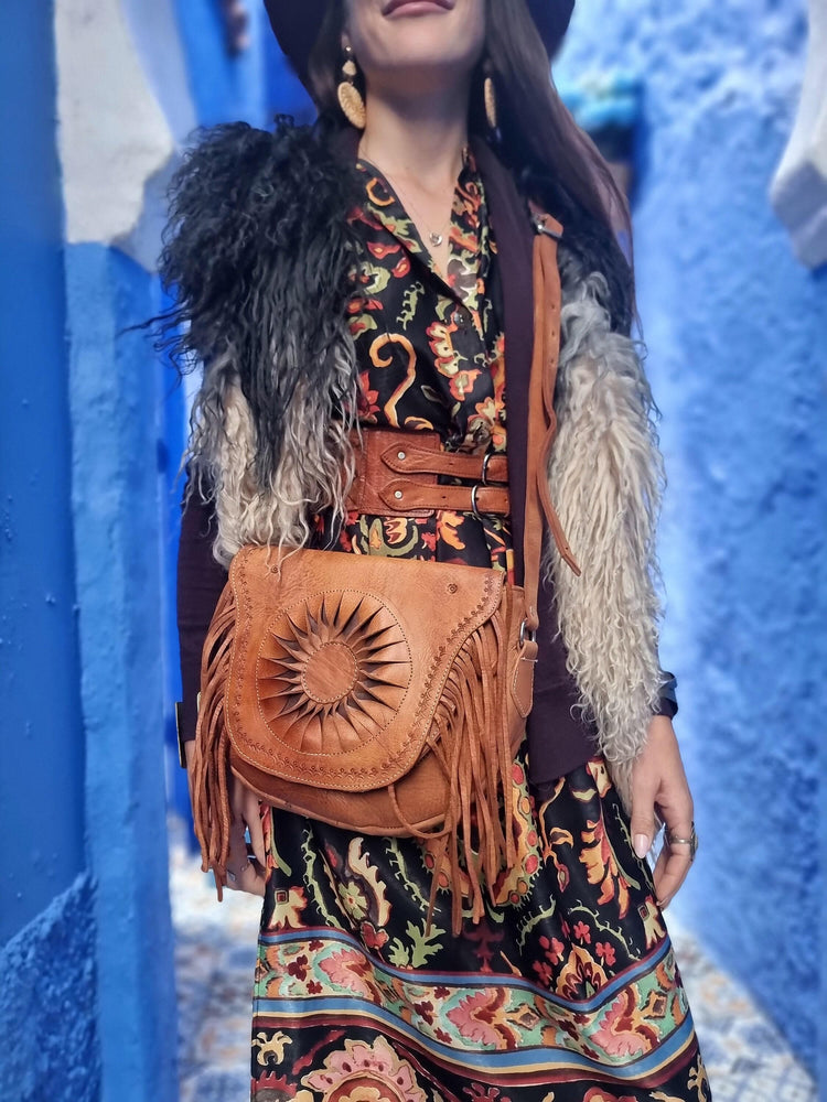 Hand Tooled Leather Crossbody Bag: Vintage Western Sun Purse