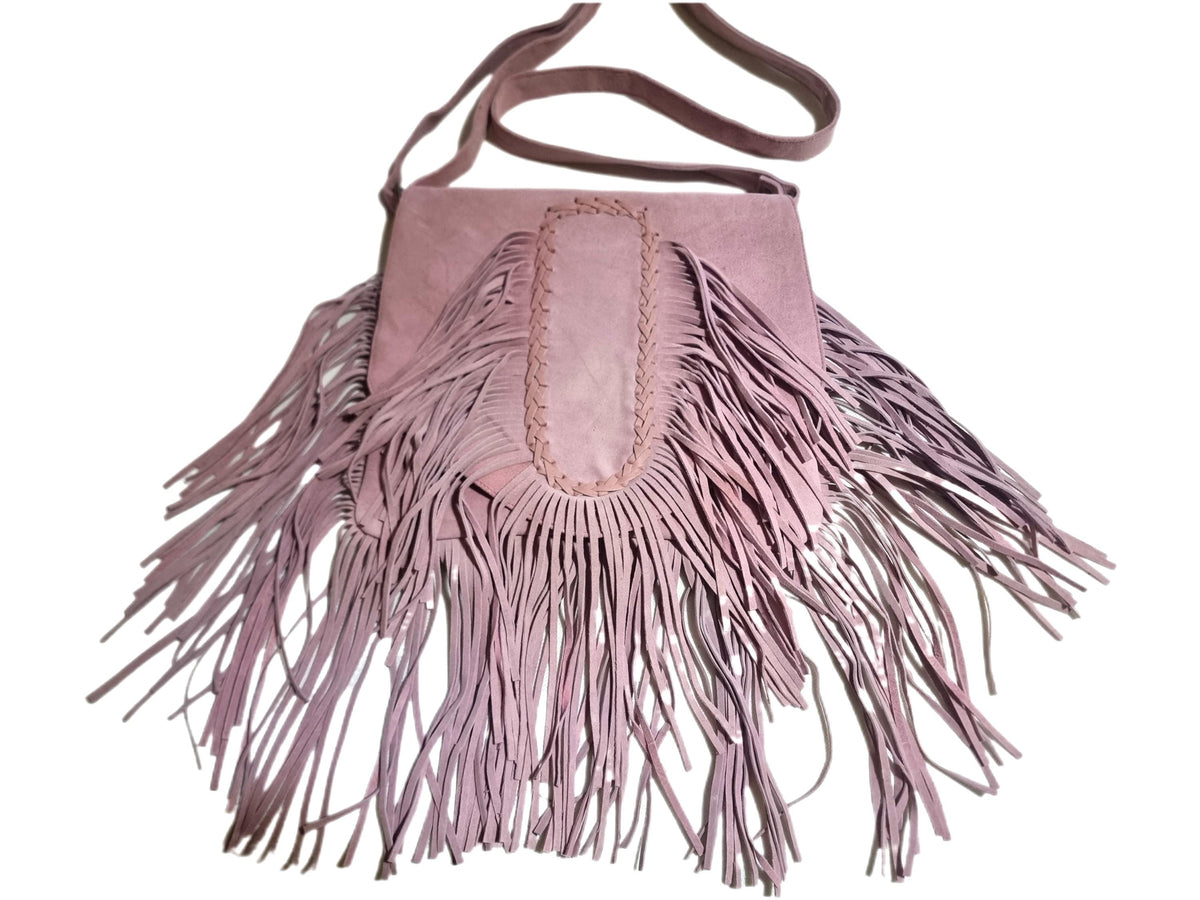 Dusty Pink Suede Fringe Crossbody Bag: Braided Boho Purse